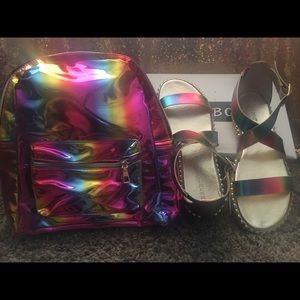 Rainbow sets sandals with book bag
